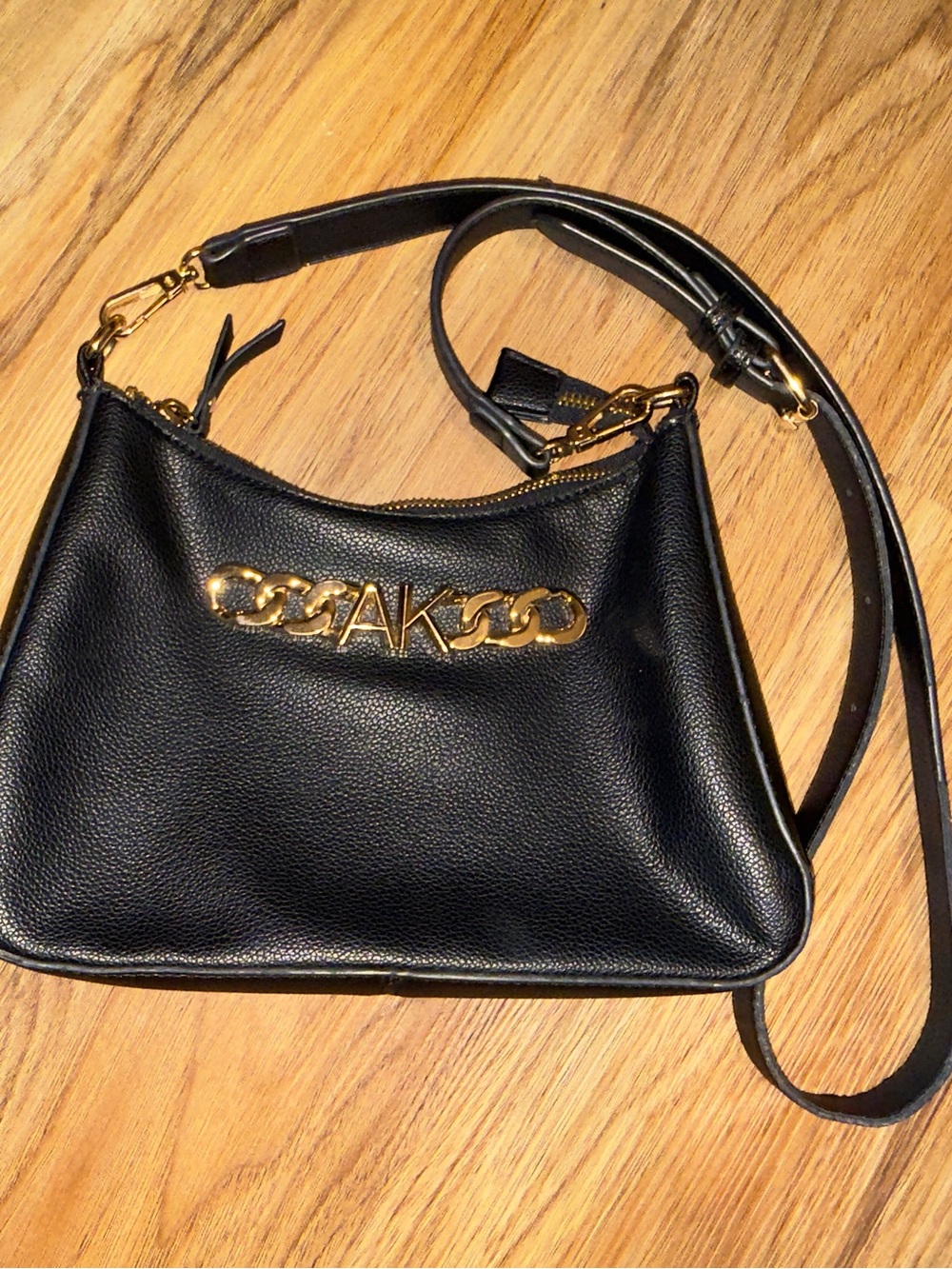 Anne Klein Black Leather Crossbody with Gold Logo Chain